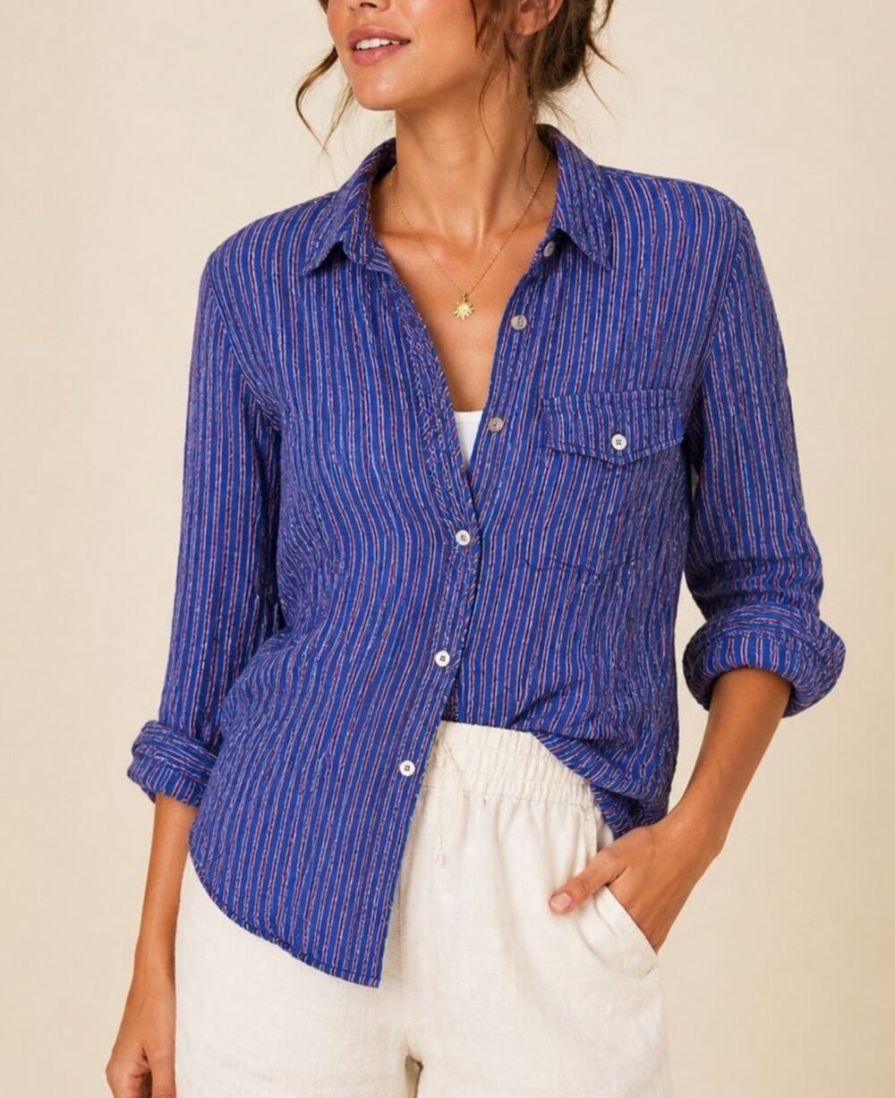Vintage Japanese Body Butter Womens Smocked Button Up Top Size L Blue 90s Preppy
